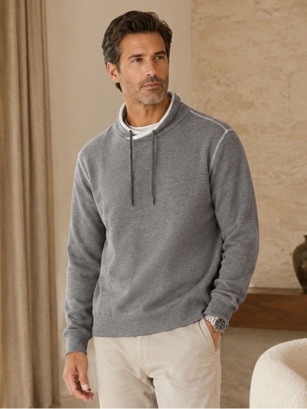 Robert Barakett Grandview Sweatshirt Men's Large Gray Cotton Blend Stand Collar